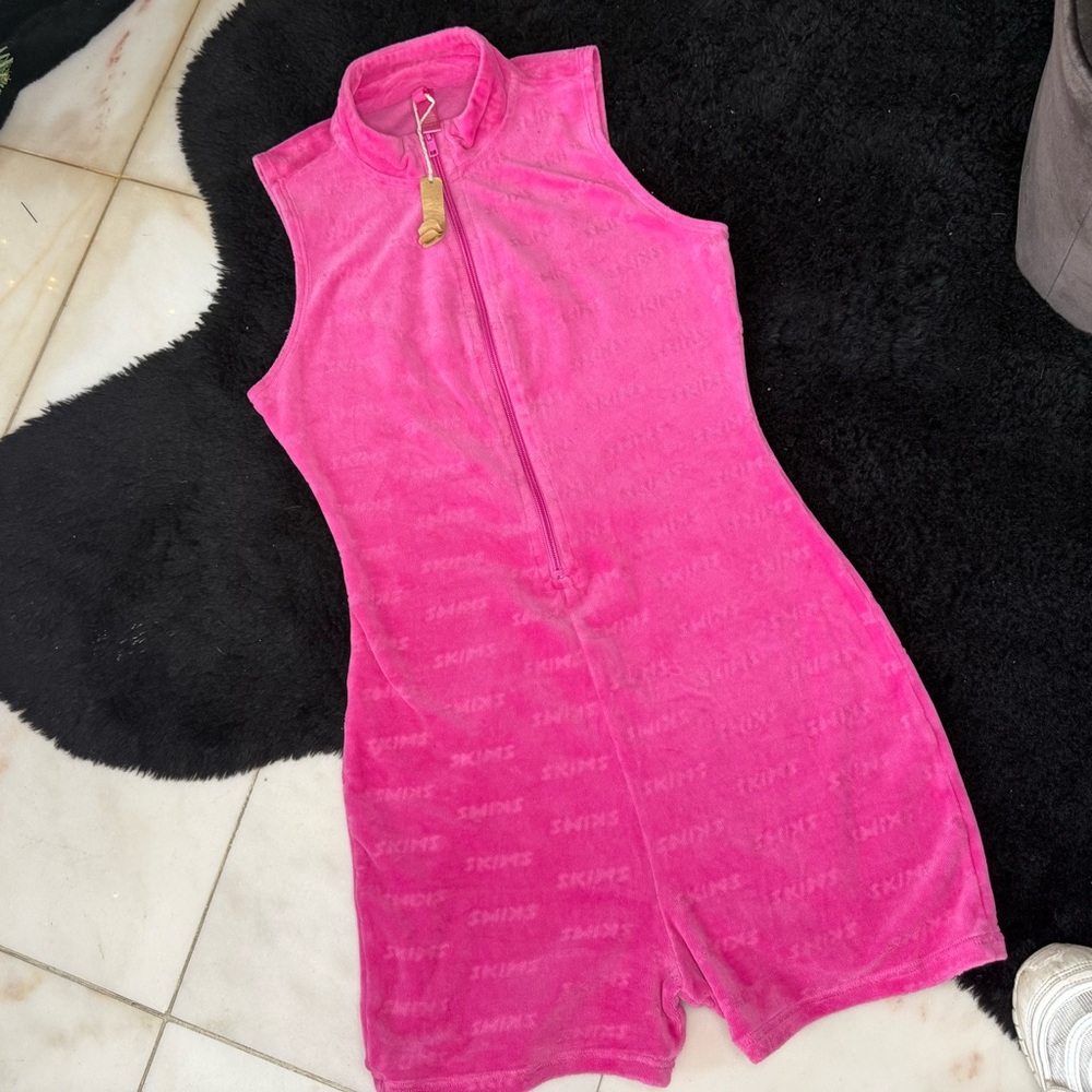 SKIMS Hot Pink Velour Zip-Front Sleeveless Romper in Hot
